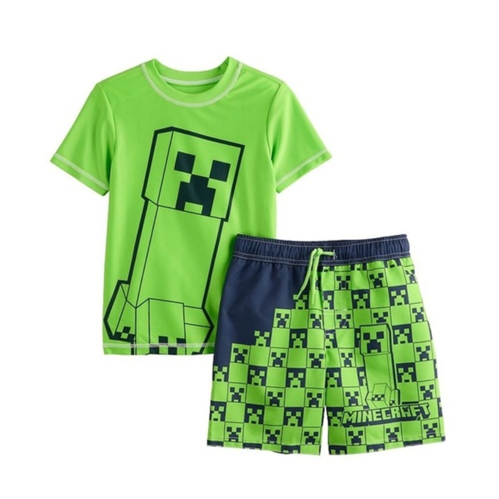 NWT Boys Minecraft Creeper 2-Piece Swimsuit Set Rash Guard & Trunks Size 4 🧟‍♂️